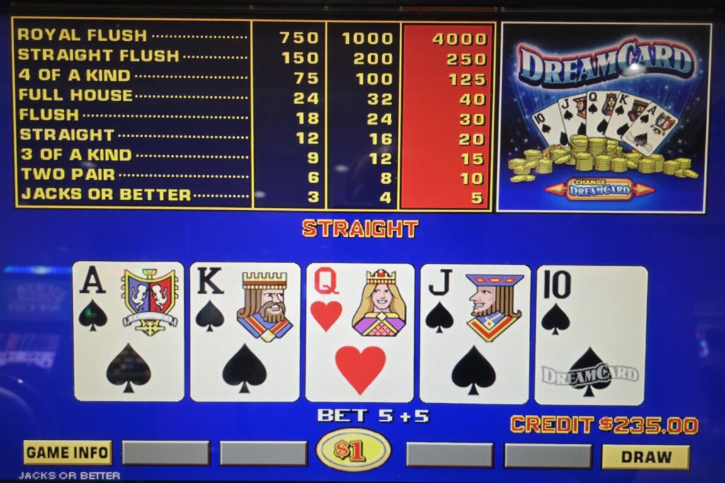 Jacks or better video poker paytable