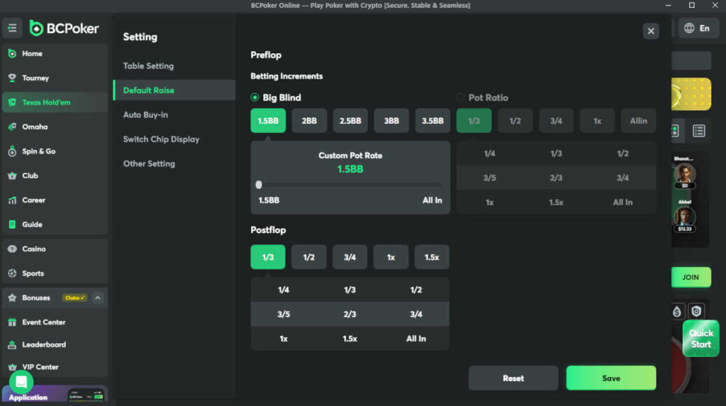 bcpoker software settings